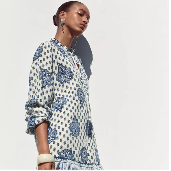 Zara Blue and White Long Sleeve Dress Size Medium - Picture 5 of 12